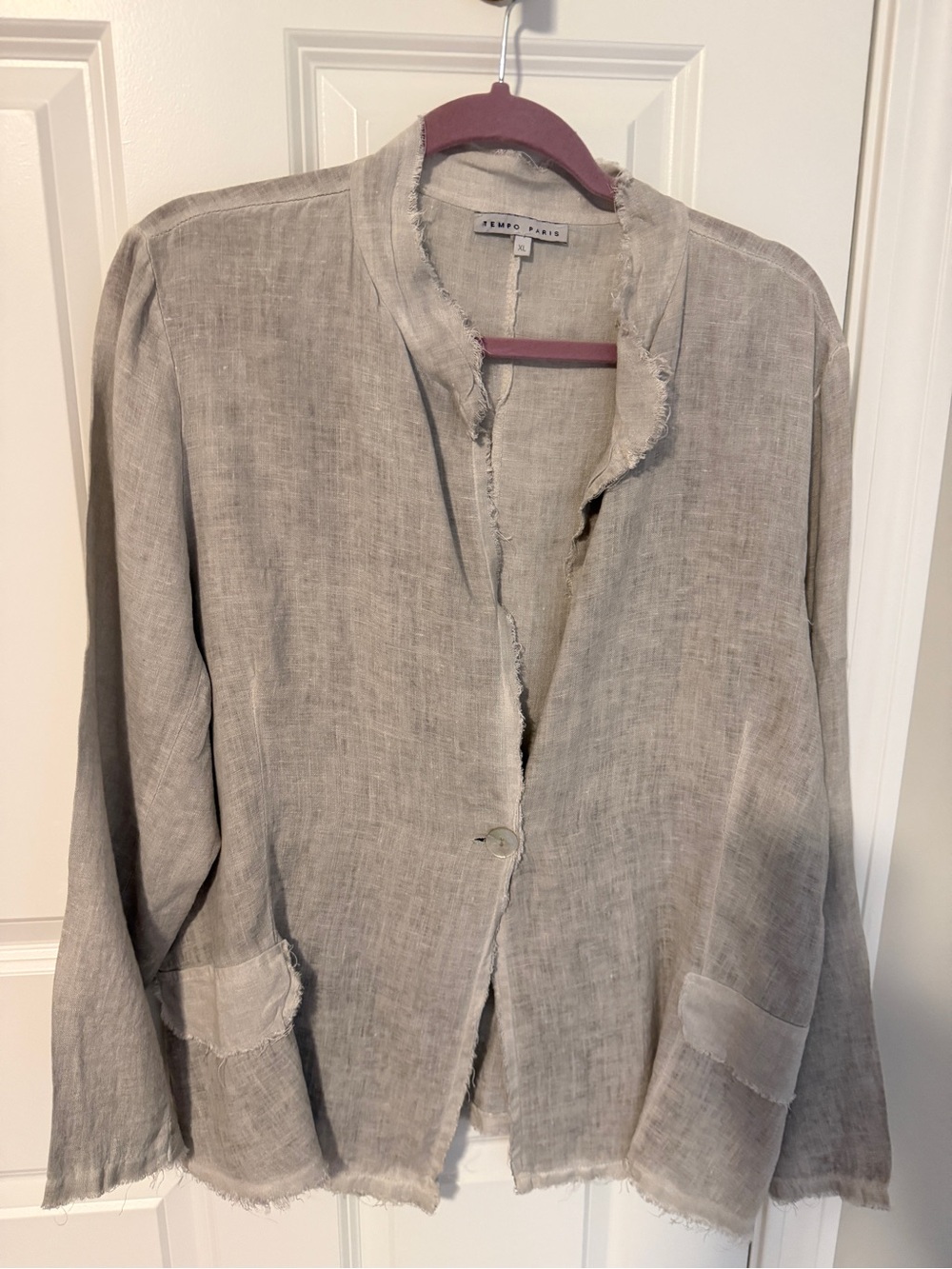 Tempo Paris Light Gray Frayed Linen Blazer